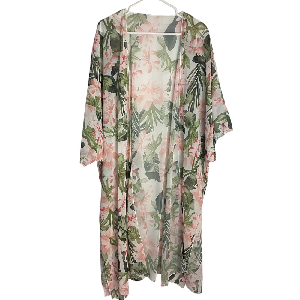 Unisex Tropical Floral Kimono Cardigan Size XL Sheer Long Line Resort Coverup